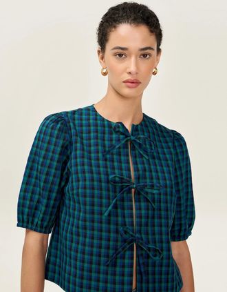 Omnes Womens Apollo Blouse in Blue and Green Check - Size: 12