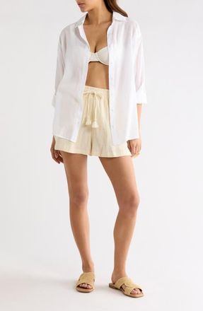 Elan Printed Semisheer Cotton Button-Up Cover-Up Shirt in White at Nordstrom, Size X-Small