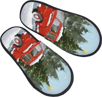 Generic Slippers Red Truck Christmas Cards Fluffy Slippers Unisex Plush House Shoes For Indoor Bedroom Bathroom L
