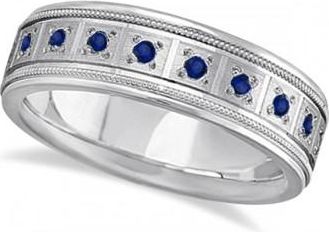 Allurez Blue Sapphire Ring for Men Wedding Band 14k White Gold (0.80ct)