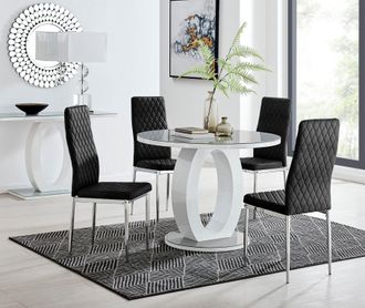 Furniturebox Giovani Round 4 Seat 100cm White High Gloss Halo Base Grey Glass Top Dining Table 4 Soft Velvet Silver Leg Milan Chairs in Black