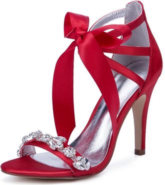 Generic Wedding Shoes Womens Heels Strappy Ankle Strap High Heels Open Toe Bridal Stiletto Sandals 10.5Cm,red,7 UK