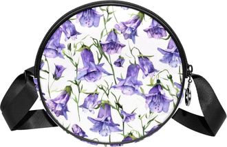 Generic Circle Crossbody Bag for Women, Purple Belflowers Small Sling Bag Daypack with Zipper Adjustable Shoulder Straps Casual Ladies Girls Round Purse