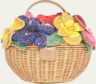Judith Leiber Beaded Flower Wicker Basket Top-Handle Bag