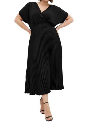 City Chic Elia Faux Wrap Pleated Dress in Black at Nordstrom, Size Xxxs