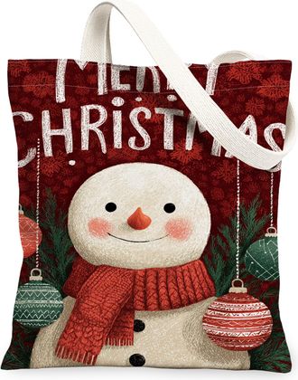 Generic Christmas Snow Man Canvas Tote Bags, Holiday Pattern Reusable Grocery Bags, Vintage Lightweight Washable Shoulder Strap Canvas for Travel 13x15 Inch