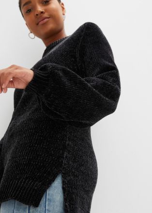 Bonprix Longpullover BONPRIX Chenille-Longpullover, Damen, Gr. 36/38 (S), schwarz, Obermaterial: 100% Polyester, bequem, Pullover Longpullover, aus Chenille, 