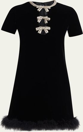 Valentino Garavani Crystal Bow Velvet Mini Dress With Feather Trim