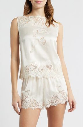 D&ocirc;en Viviane Lace Trim Silk Satin Top in Sea Salt at Nordstrom, Size Xx-Large