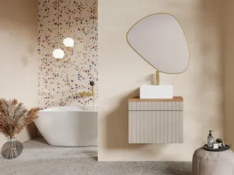 Vente-Unique Mobile bagno sospeso scanalato beige con lavabo da appoggio quadrato 60 cm - SATARA