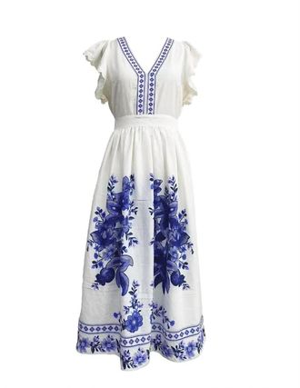 Moon River Womens Border Print Dress In Blue
