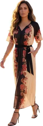 Roaman's Plus Size Georgette Y Neck Tie Waist Printed Maxi Dress in Oatmeal Zinnia Floral at Nordstrom, Size 16