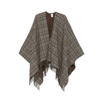 Brunello Cucinelli Poncho con flecos y estampado de cuadros - Jackets - Mujer - Marr&oacute;n - ONE SIZE