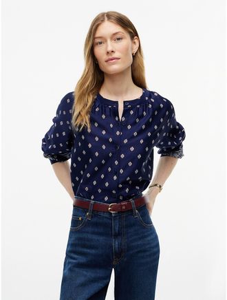 Tommy Hilfiger Womens Relaxed Fit Foulard Print Sateen Blouse - Preppy Navy - XL