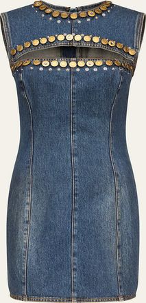 Area Crystal Button Studded Slit Denim Mini Dress