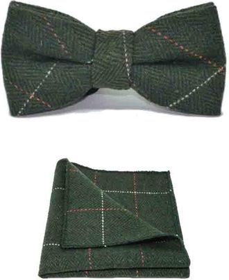 King & Priory Luxury Herringbone Forest Green Tweed Bow Tie & Pocket Square Set