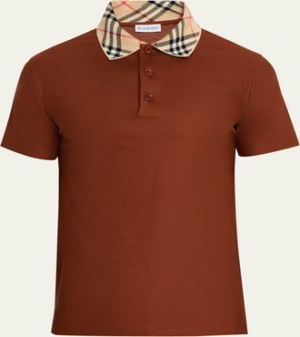 Burberry Mens Check-Collar Slim Fit Cotton Polo Shirt