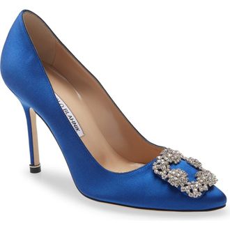 Manolo Blahnik Hangisi Crystal Buckle Pump in Blue Satin Clear/Buckle at Nordstrom, Size 10.5Us