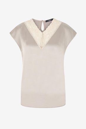Max Mara Top mit V-Ausschnitt aus Satin mit Spitze Staffa