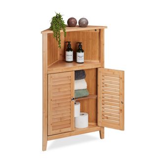 Relaxdays Relaxdays Mueble Esquinero De Ba&ntilde;o, Armario Bamb&uacute; Puertas Listones, 3 Compartimentos, 1 Balda, 92 X 58 X 30 Cm, Natural
