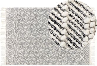 Beliani Alfombra De Lana Negro Blanco Crema 160 X 230 Cm A Mano Geom&eacute;trico Borlas Kavak