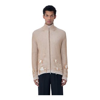 Maison Margiela Cardigans, male, Brown, Size: 2XL Distressed Ribbed High-Neck Sweater