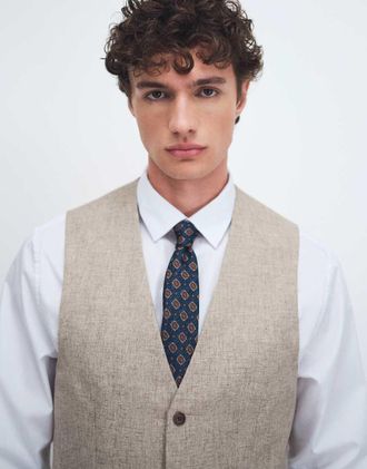 Asos Gilet da abito slim in misto lino color pietra-Neutro