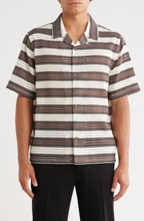 PacSun Oversize Textured Stripe Camp Shirt in Cream/Brown/Black at Nordstrom Rack, Size Medium