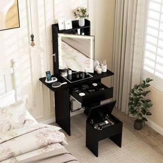 Costway Costway Dressing Table & Stool Set Makeup Table w/LED Lights &Charging Station in Black