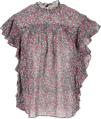 Isabel Marant Black Floral Print Top With Ruffle Trim