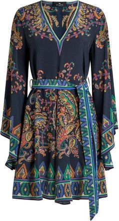 Etro Blue Mini Dress In Silk With Print And Belt