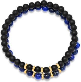HMY Jewelry Stainless Steel Black Lava & Blue Beaded Bracelet - Set of 2 in Multi at Nordstrom Rack