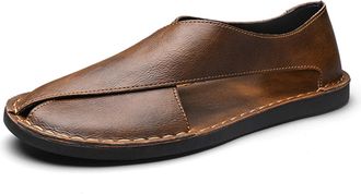 Generic Mens Genuine Leather Flat Sandals,Summer Outdoor Comfortable Slip On Soft Walking Driving Shoes Casual Fisherman Beach Sho (Dark brown,11.5)
