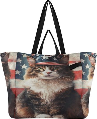 Generic Cat Flag Brown pattern Reusable Canvas Tote Bag, Heavy Duty Grocery Shopping Bag with Hard Bottom Double Handles Large Capacity Work Groceries Travel