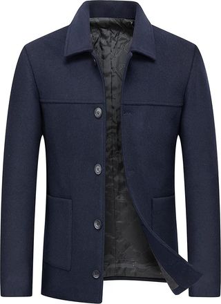 AlltheMen Mens Winter Coat Warm Coat Slim Fit Short Coat Business Winter Jacket Leisure Blue XL