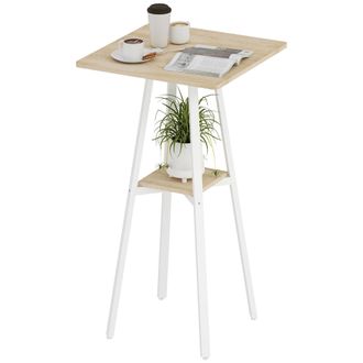 OEM Mesa Alta Cocina Cuadrada Con Estante Para 2 Personas Patas De Metal 55x55x95 Cm Madera Natural Y Blanco