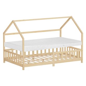 ML Design Ml-design Cama Infantil 120x200cm Natural, Con Colch&oacute;n, Protecci&oacute;n Antica&iacute;da, Techo Y Somier, Listones De Madera De Maciza De Pino Lecho Doble Montess