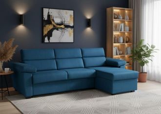 Dmora Sof&aacute; Fijo Con Pen&iacute;nsula Vincenza, Sof&aacute; Esquinero Para Sal&oacute;n, Acolchado, Desenfundable, Calidad 100% Made In Italy, 285x160 H100 Cm, Azul - Dmora