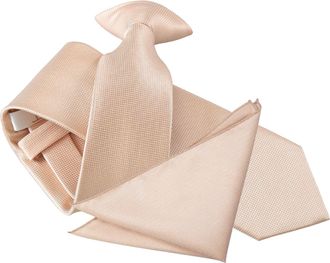 DQT Solid Check Formal Business Officers Wedding Modern Style Easy to Wear Clip on Tie & Pocket Square Set for Men in Champagne