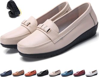 Generic Classic Womens Leather Loafers Lightweight Orthopedic Comfort Slip-On, Non-Slip Wedge Sole Work Walking Moccasins Shoes (7.5,Beige)
