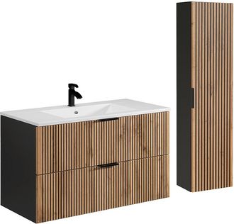 Vente-Unique Mueble de ba&ntilde;o suspendido con lavabo encastrado y columna - Natural claro y negro - 100 cm - MADELA