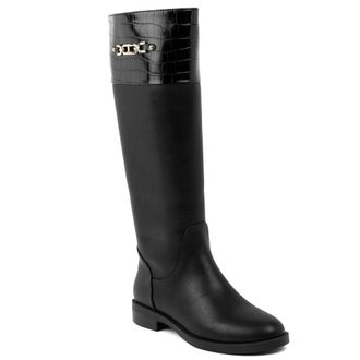 Jones New York Womens Riding Boots - Classic Knee-High Dress Boots with Gold Buckle Detail, Side Zipper, and Comfortable Low Heel for Work or Casual Wear, Black, 5.5