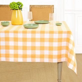 Solino Home Linen Tablecloth for Dining Table, Holiday and Everyday Dining Table Decor - Buffalo Check in Mustard And White at Nordstrom, Size X-Large