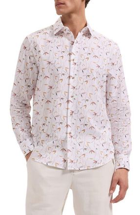 Bugatchi Julian Shaped Fit Leaf Print Cotton Seersucker Button-Up Shirt in White at Nordstrom, Size Xxx-Large
