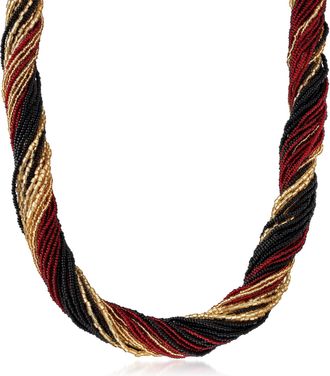 Ross-Simons Italian Red, Black and Gold Murano Glass Bead Torsade Necklace in 18kt Gold Over Sterling
