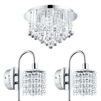Loops Low Ceiling Light & 2x Matching Wall Lights Chrome & Crystal IP44 Bathroom Lamp