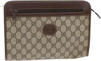 Gucci Pre-owned Gg supreme clutch tas - Dames - Vintage Clutch - Beige - ONE Size - Leer - Vintage