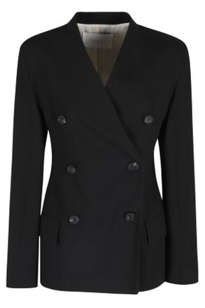 Tela Black Cles Double-Breasted V-Neck Linen-Blend Jacket