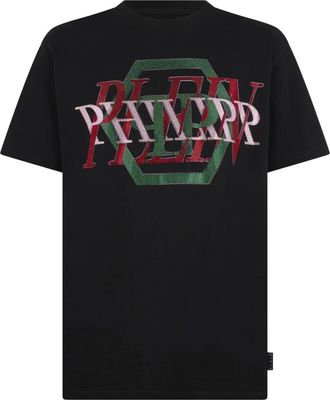 Philipp Plein Tops, Heren, Zwart, 3Xl, Katoen, Rondhals T-Shirt Logo Hexagon Stenen