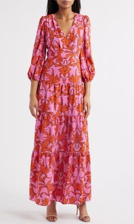 Vince Camuto Print Long Sleeve Ruffle Hem Maxi Dress in Pink Multi at Nordstrom Rack, Size 14